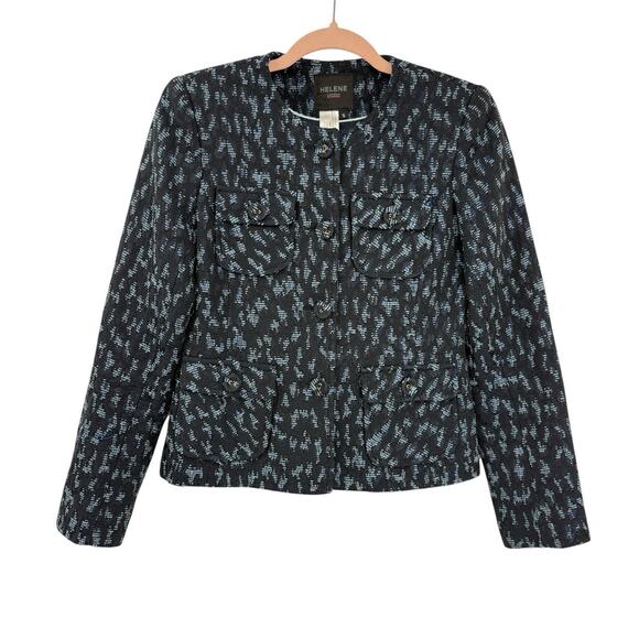 Helene London Collarless Blazer Small Blue Metallic Patterned Full Button Front - Picture 1 of 12